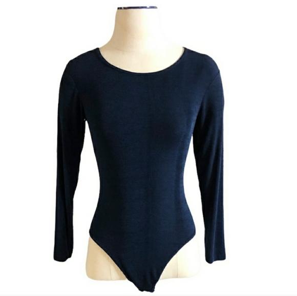 SARAH RICHARDS Navy Sheer Knit Bodysuit Size LargeV.   EUC! - Picture 1 of 6